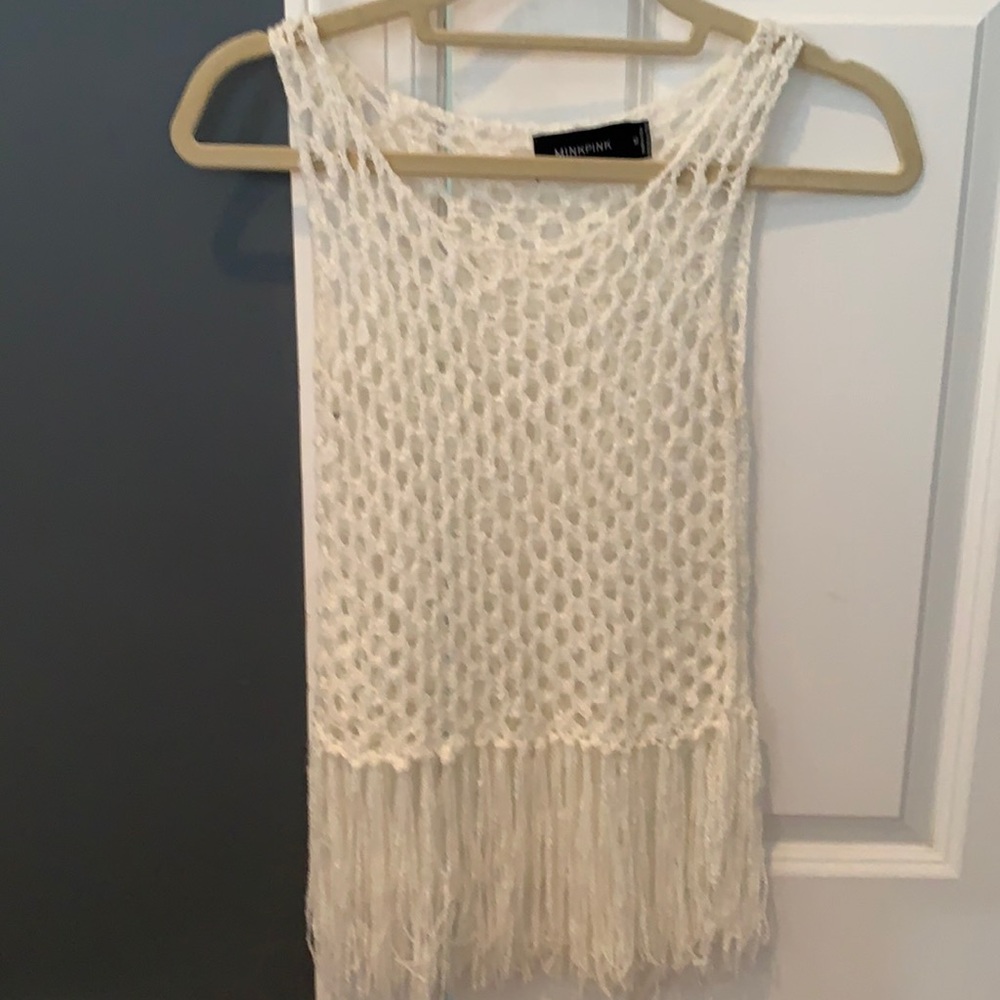 Mink pink crochet light cream top with fringes xs